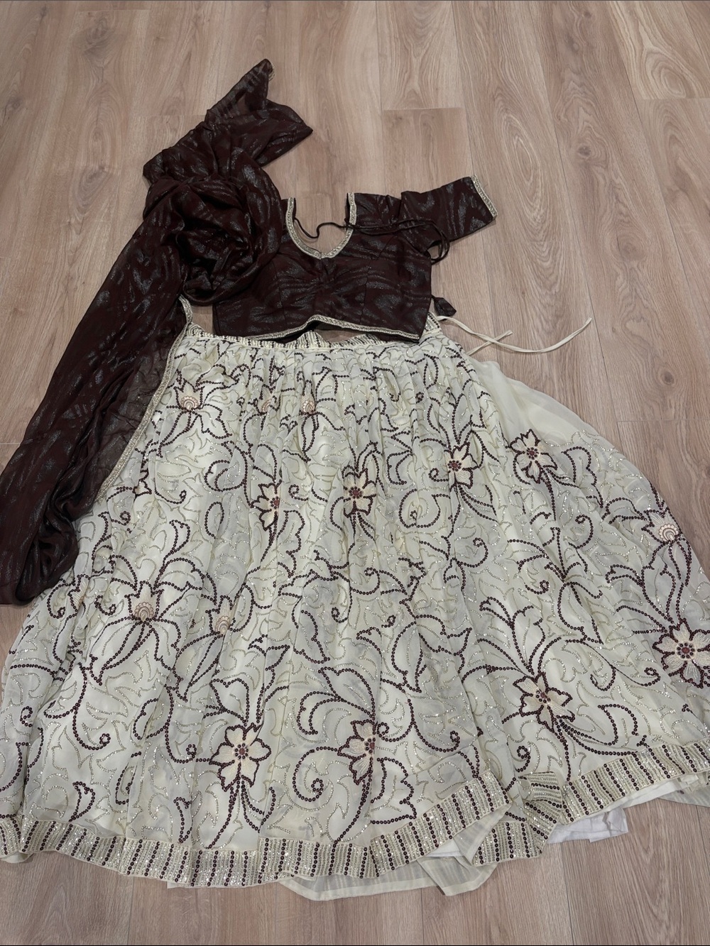 Women’s Embroidered Cream Lehenga Skirt with Brown Blouse